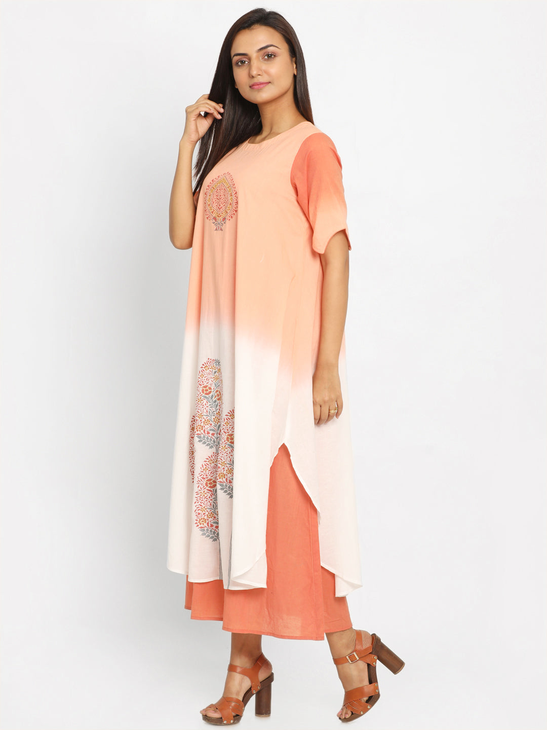 Nakshi Peach-Coloured Embroidered A-Line Kurti For Women
