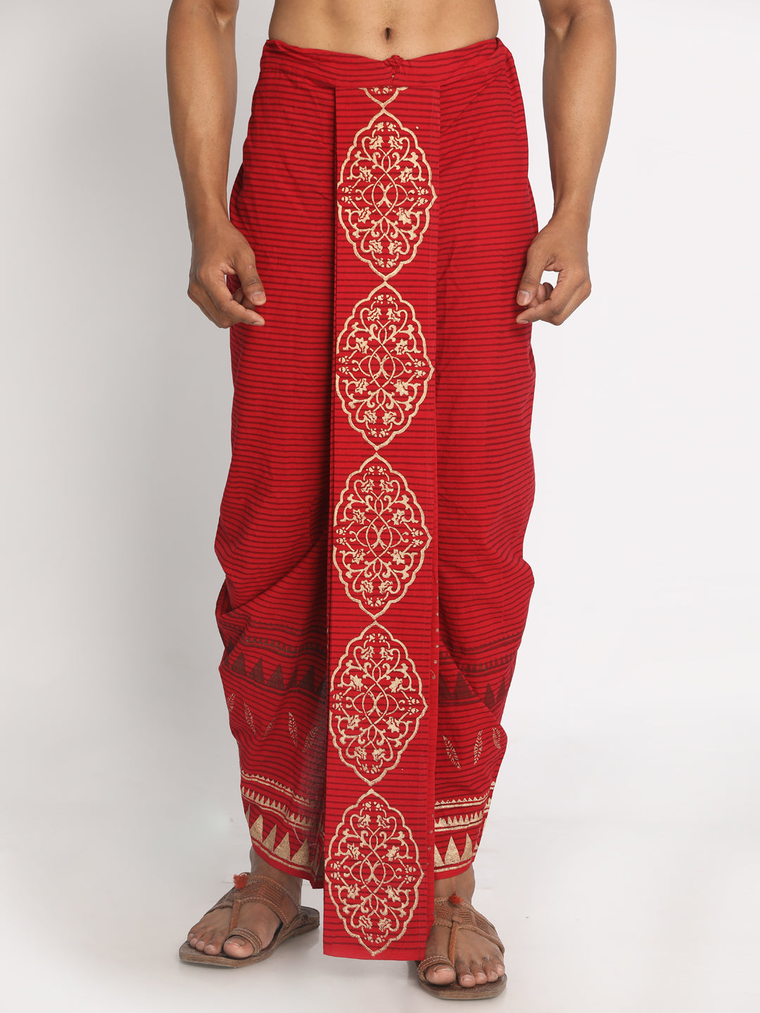 Nakshi Men Red Striped & Gold-Toned Rayon Hand Block Printed Dhoti