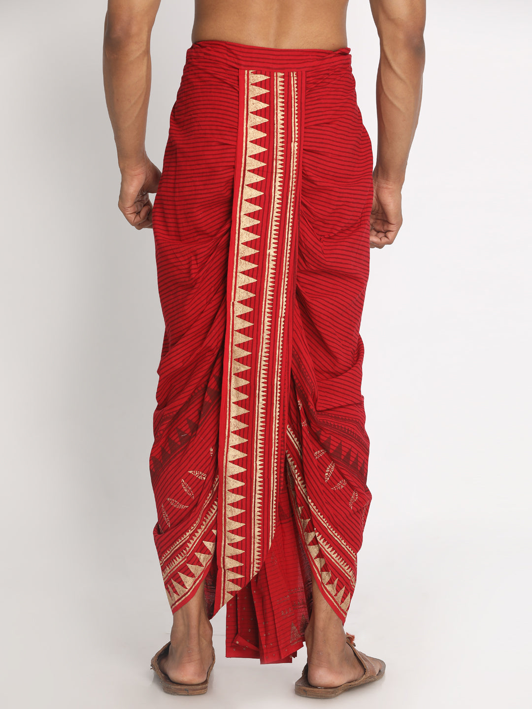 Nakshi Men Red Striped & Gold-Toned Rayon Hand Block Printed Dhoti