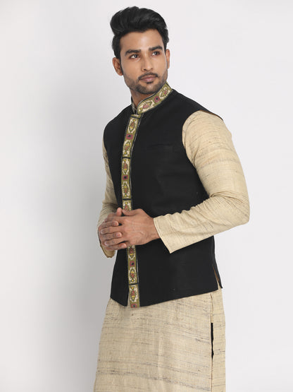 Nakshi Men Black & Green Patachitra Painting Woven Nehru Jacket L Size