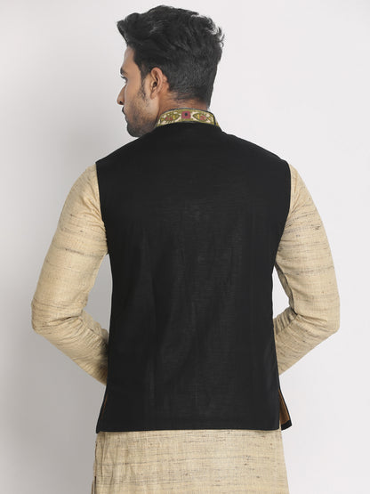 Nakshi Men Black & Green Patachitra Painting Woven Nehru Jacket L Size