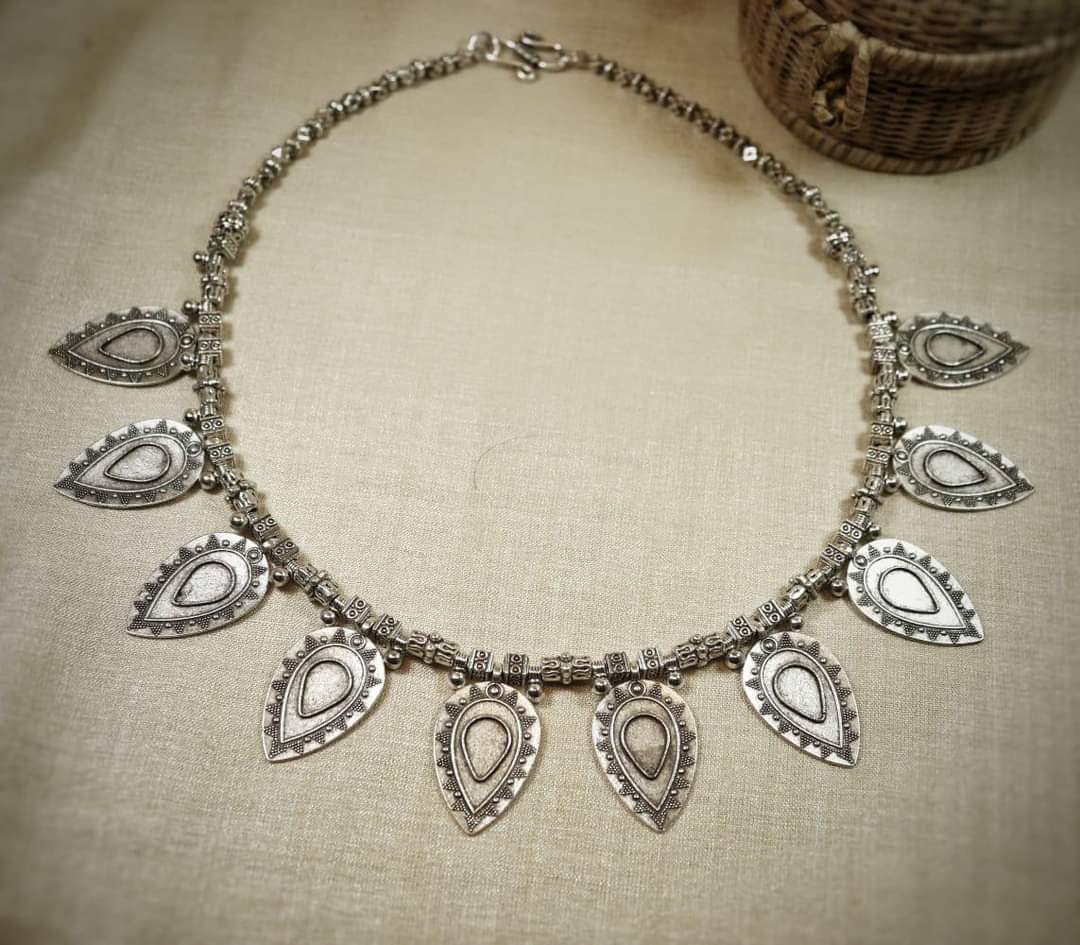 Nakshi Handcrafted German Silver Leaf Shape Necklace
