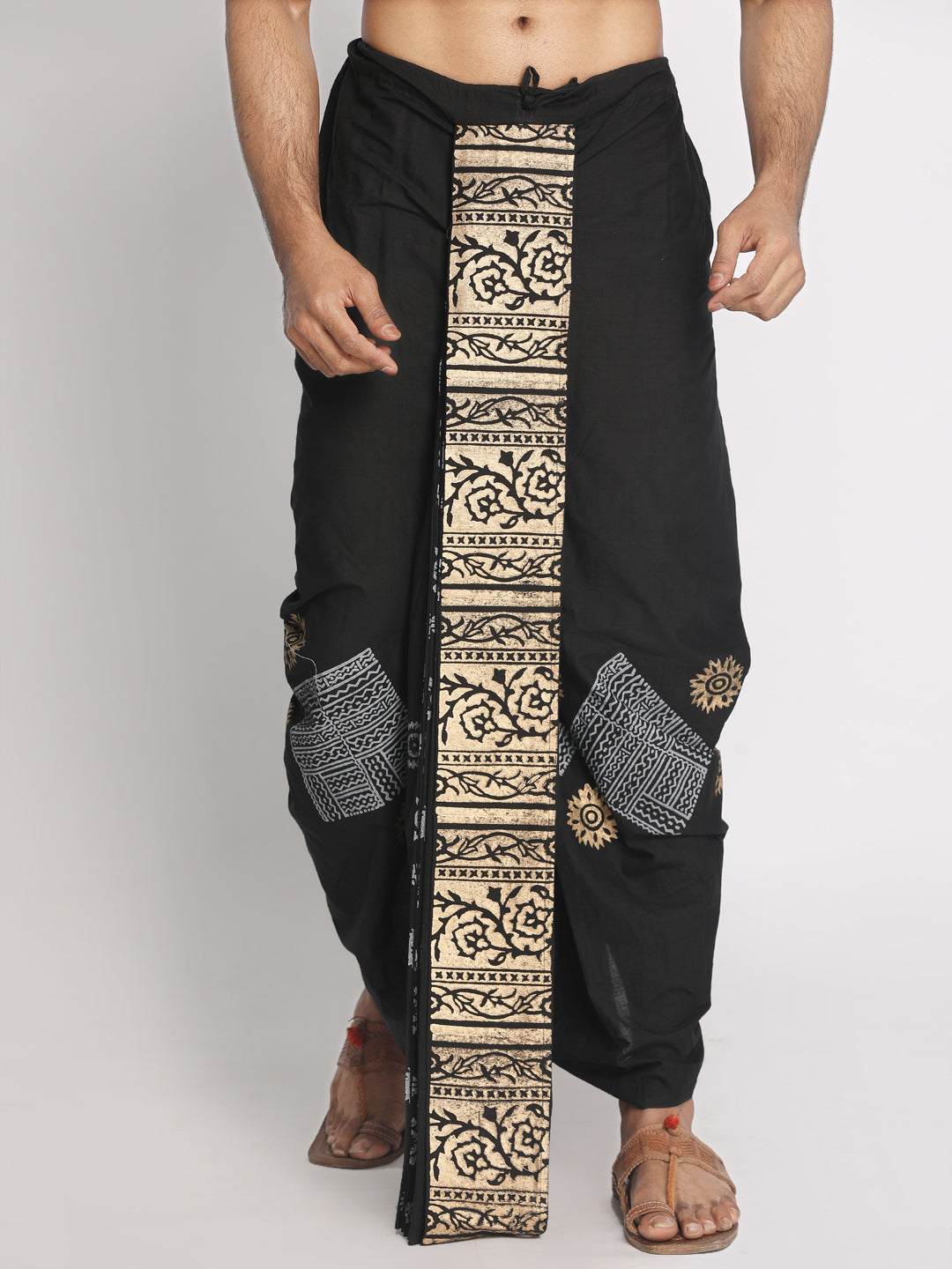 Nakshi Black Rayon Floral Pattern Hand Block Print Dhoti