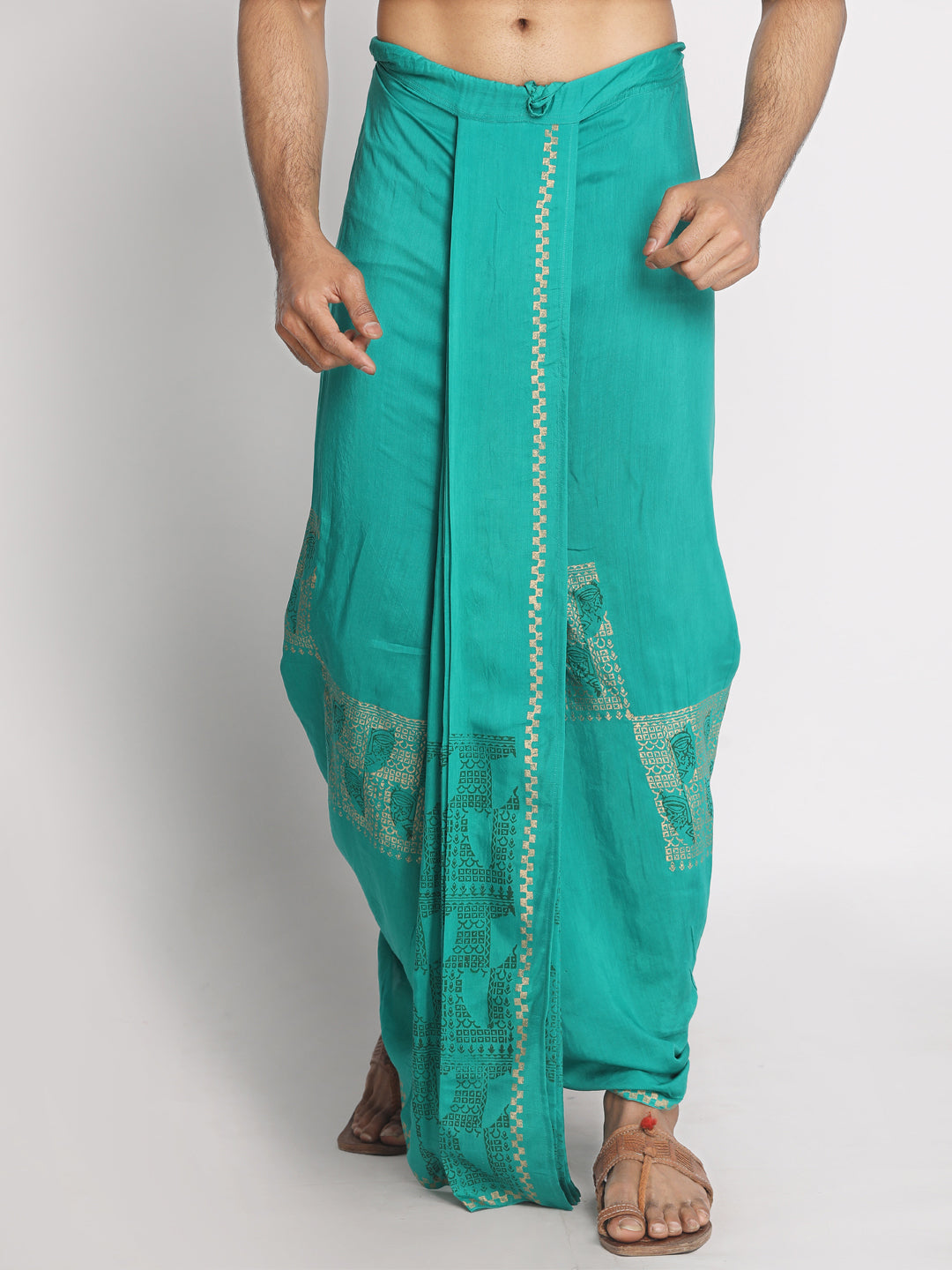 Teal Blue Cotton silk ethnic pattern Handblock print Dhoti