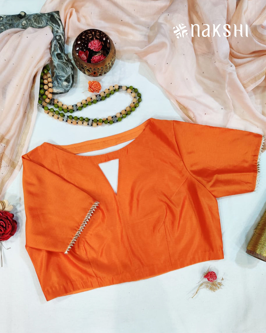 Nakshi Orange Solid Chanderi Blouse with Gotta Patti Detailing