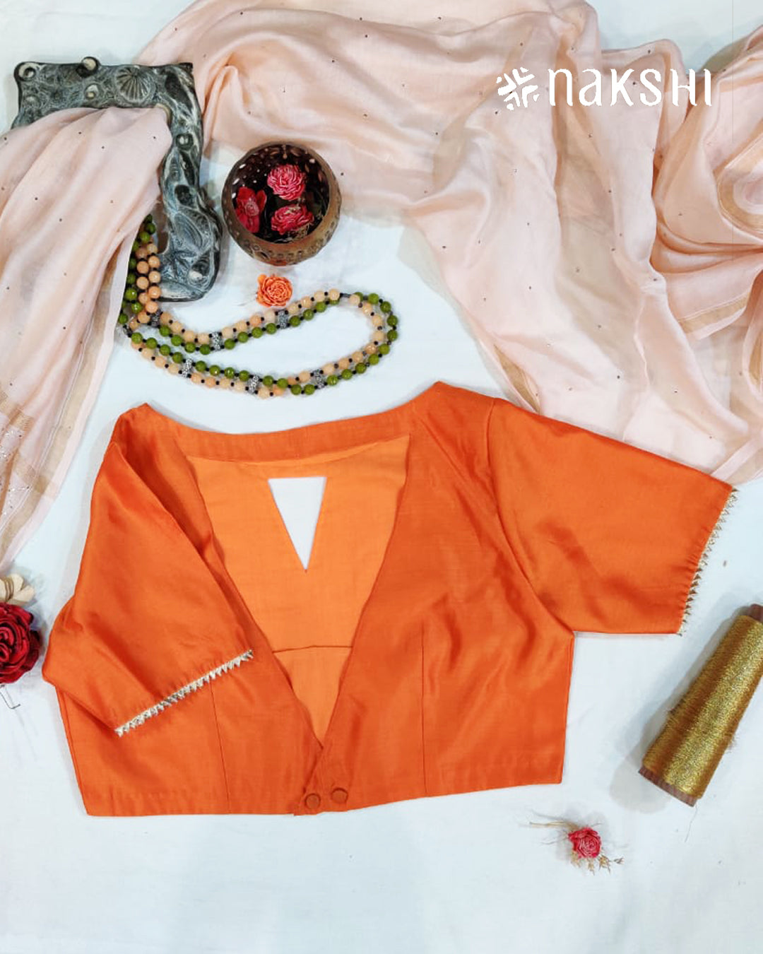 Nakshi Orange Solid Chanderi Blouse with Gotta Patti Detailing