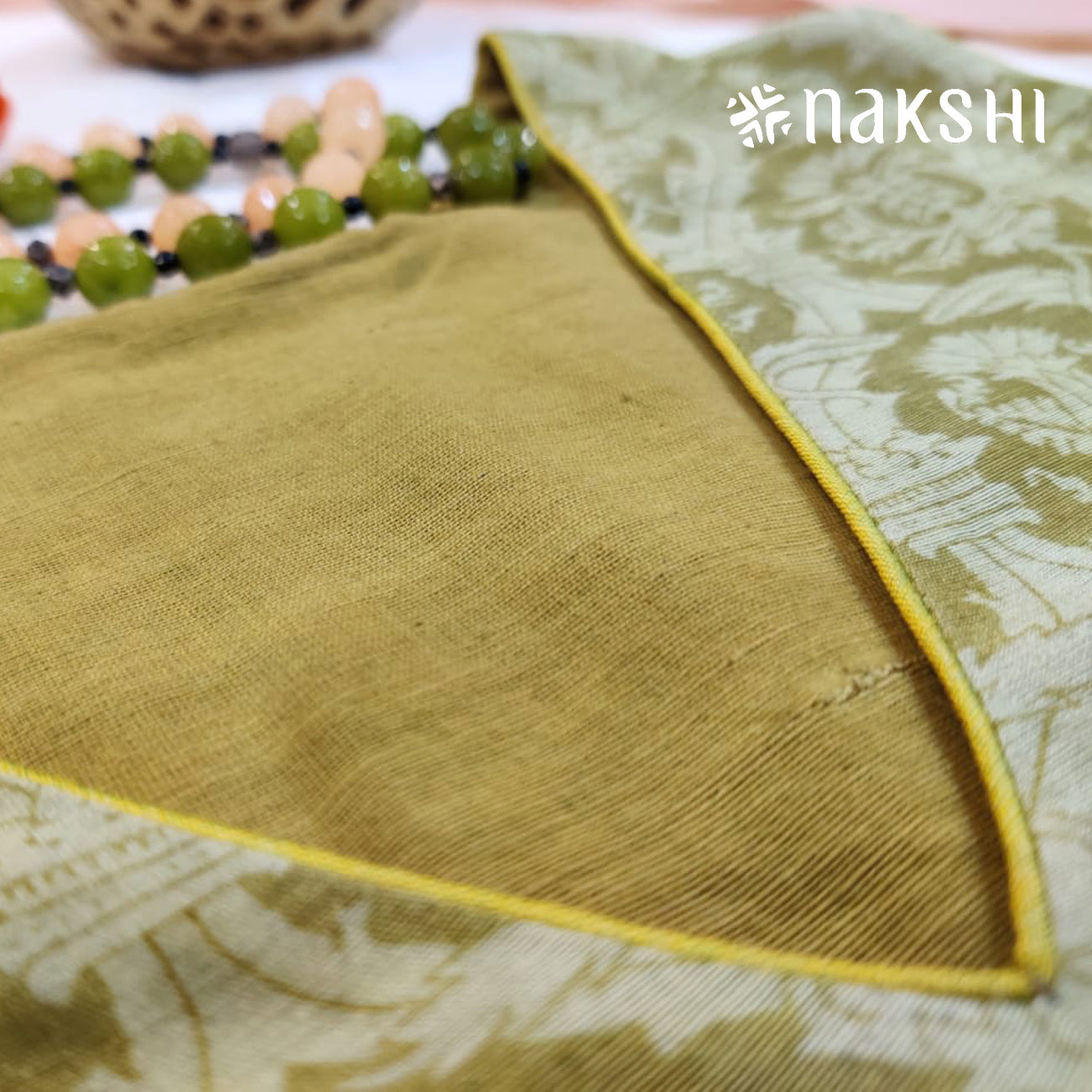 Nakshi Olive Green Screen Printed Chanderi Blouse