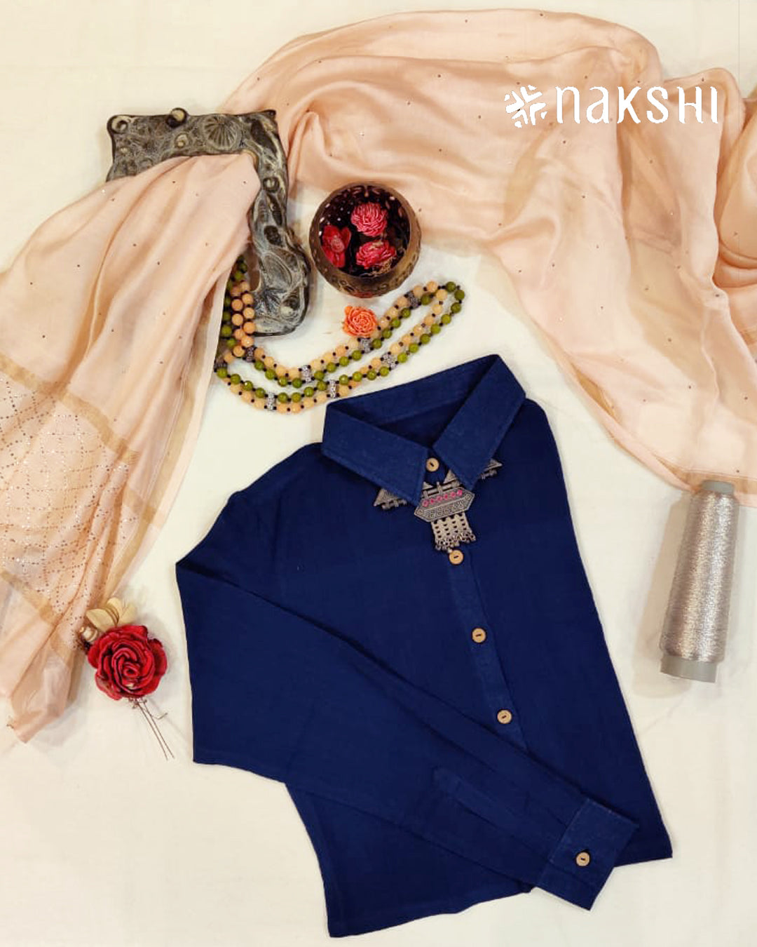 Nakshi Blue 100% Handloom Cotton Collar Neck Blouse