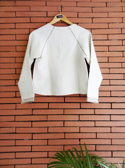 Nakshi Off White Hand Embroided Dobby Women's Full Sleeves Short Jacket With Lining Details