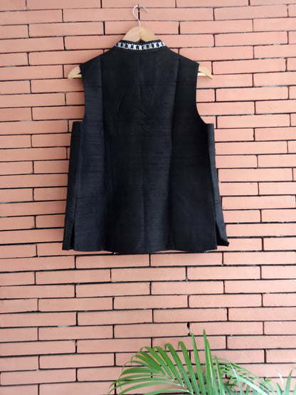 Nakshi Black Coloured Hand Embroided Dupion Silk Women's Nehru Jacket With Pockets & Lining Details