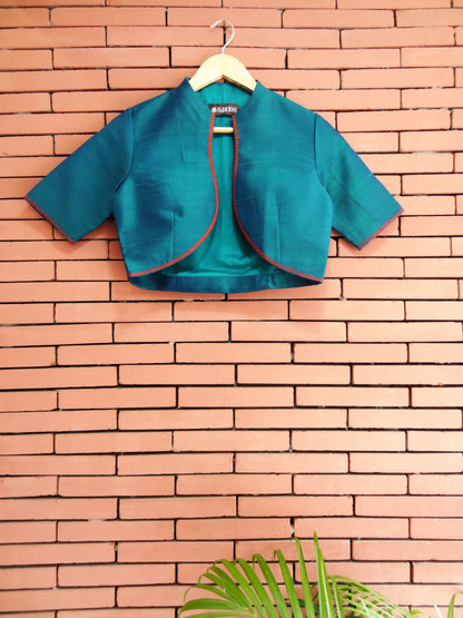 Nakshi Teal Colour Hand Embroided Dupion Silk Women's Bolero Jacket With Lining Details