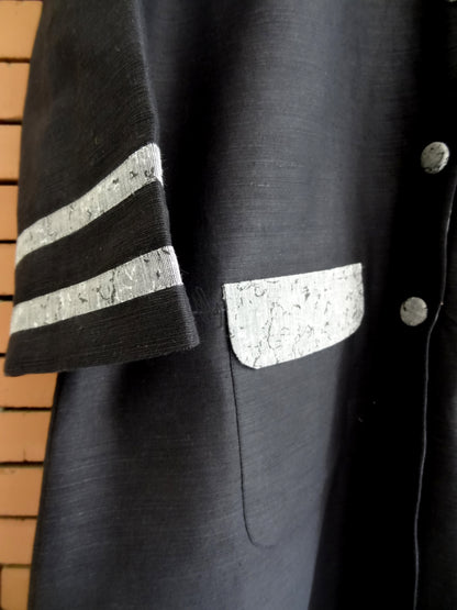 Nakshi Black & Grey Ghichha Twill Women's Full Sleeves Long Jacket With Block Print Cotton Lining