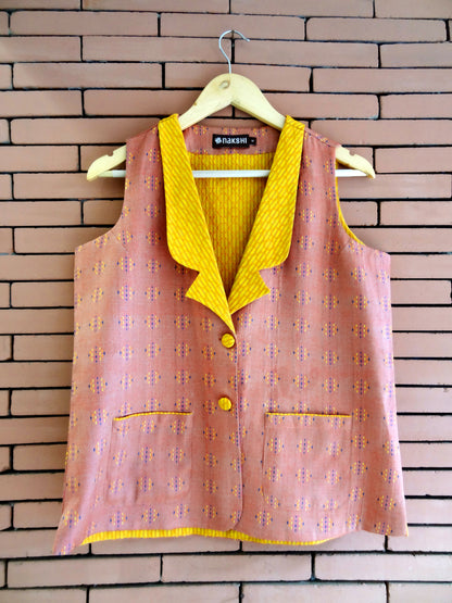 Nakshi Peach & Yellow Cotton Lining Women's Sleeveless jacket With Front Pocket Details