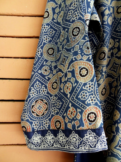 Nakshi Navy Blue Ajrakh Print Cotton Kurti With Zari Embroidery