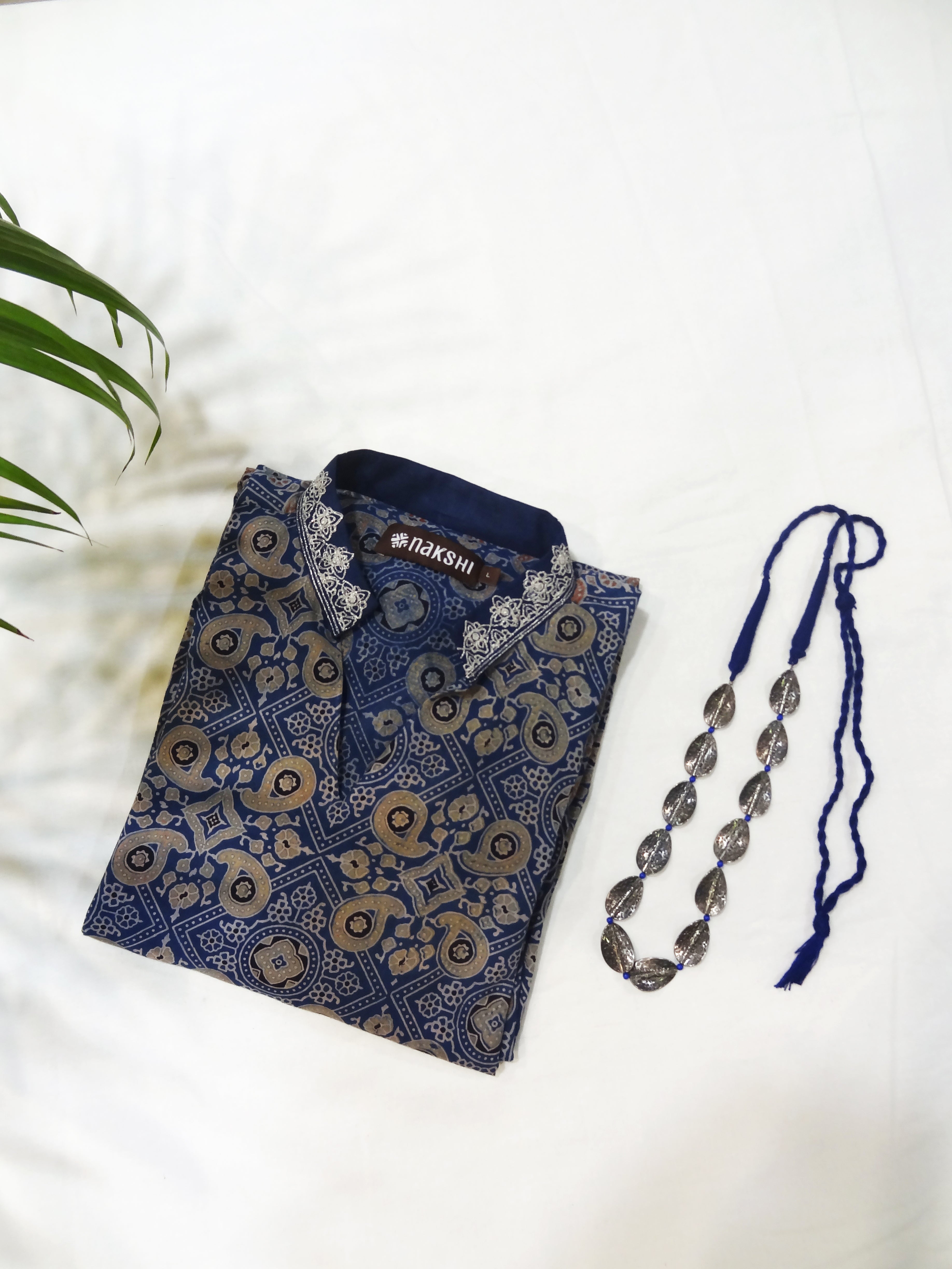 Navy Blue Ajrakh Print Cotton Kurti With Zari Embroidery