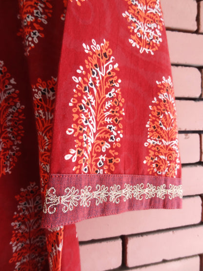 Nakshi Maroon Ajrakh Print Cotton Kurti With Zari Embroidery