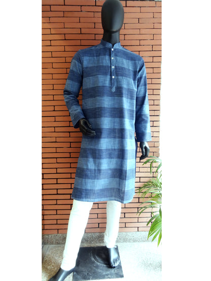 Nakshi Navy Blue Striped Cotton Men's Kurta