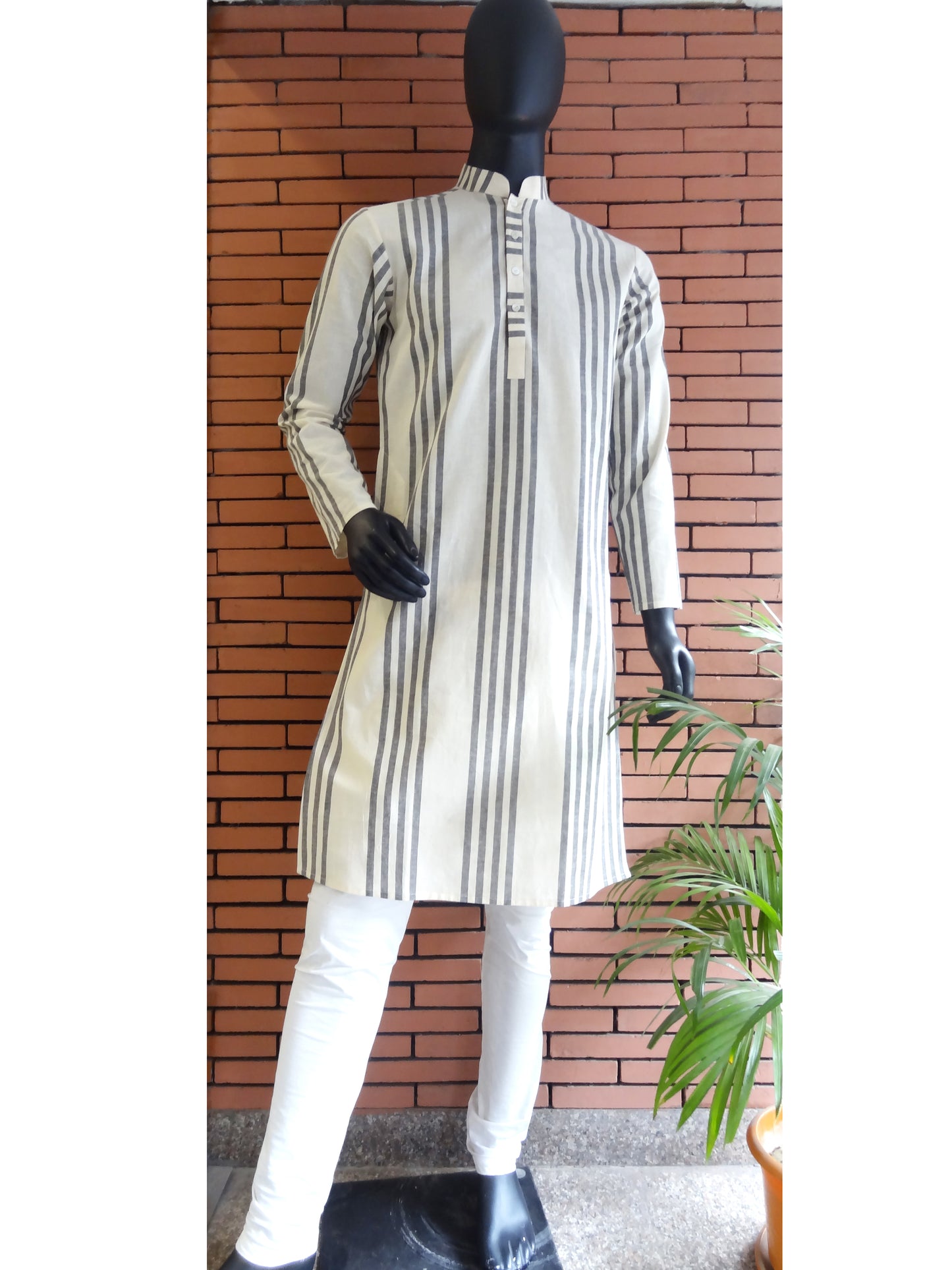 Nakshi Off White Striped Cotton Men's Kurta
