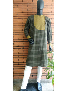 Olive Green Cotton Striped Angarakha Style Men's Kurta