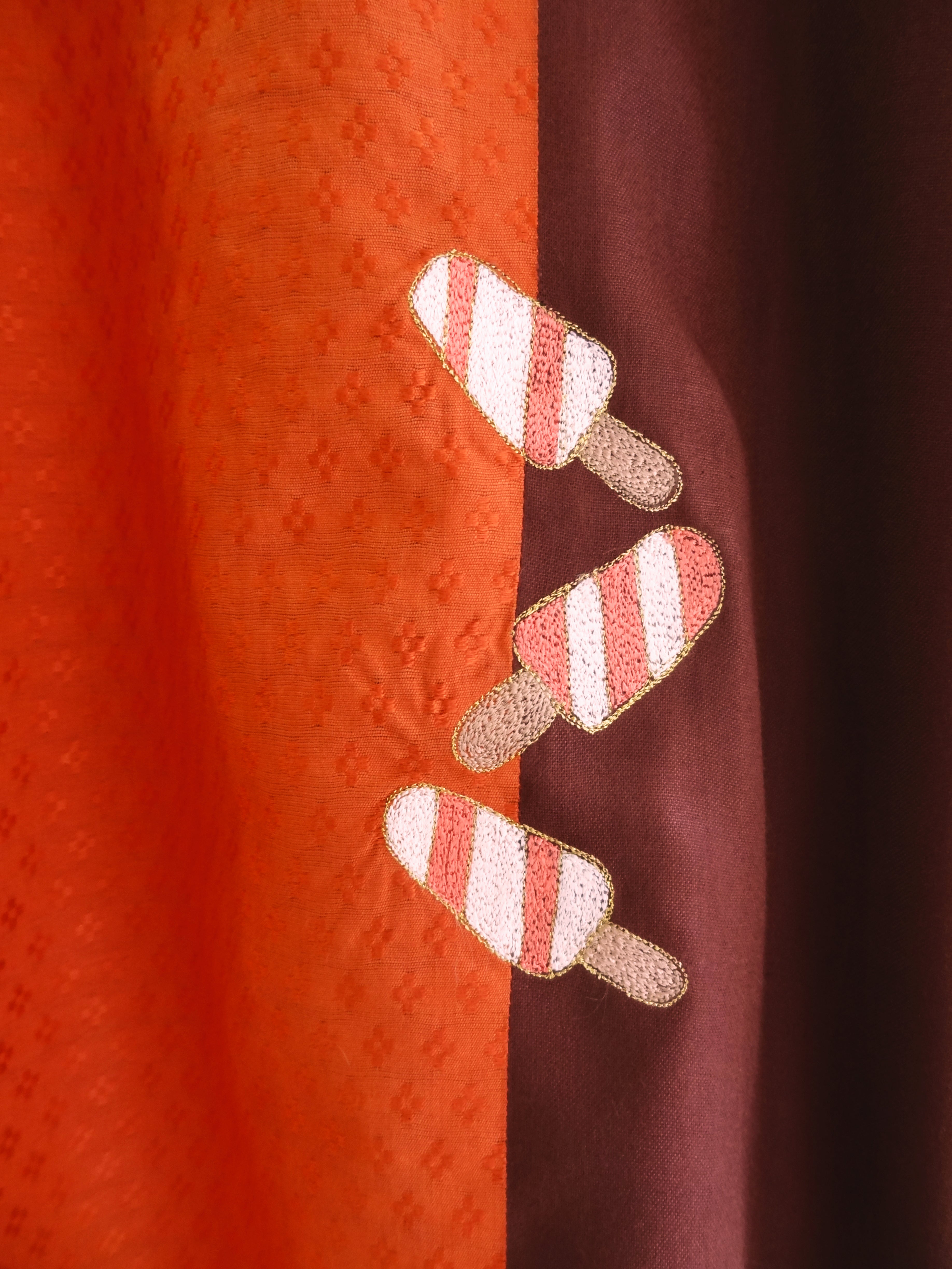 Orange Self Weave Cotton Embroidery Women's Kurti