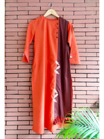 Load image into Gallery viewer, Orange Self Weave Cotton Embroidery Women&#39;s Kurti
