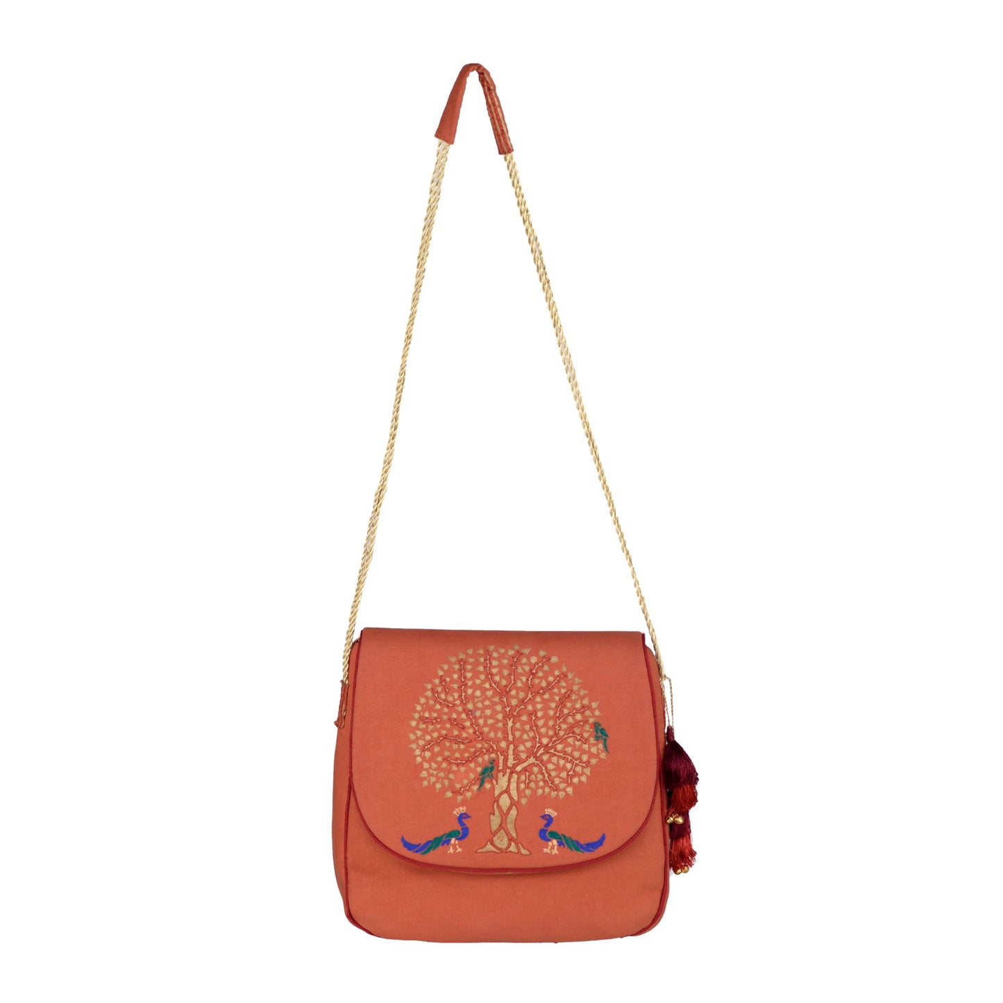 Nakshi Rust Golden Zari Embroidered Hand Block Printed Saddle Bag