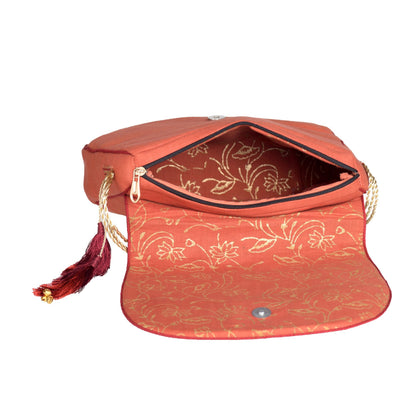 Nakshi Rust Golden Zari Embroidered Hand Block Printed Saddle Bag