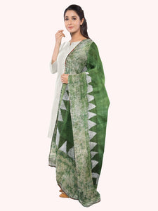 Kantha Embroidered Green Tie-Dye with Batik Printed Tussar Silk Stole
