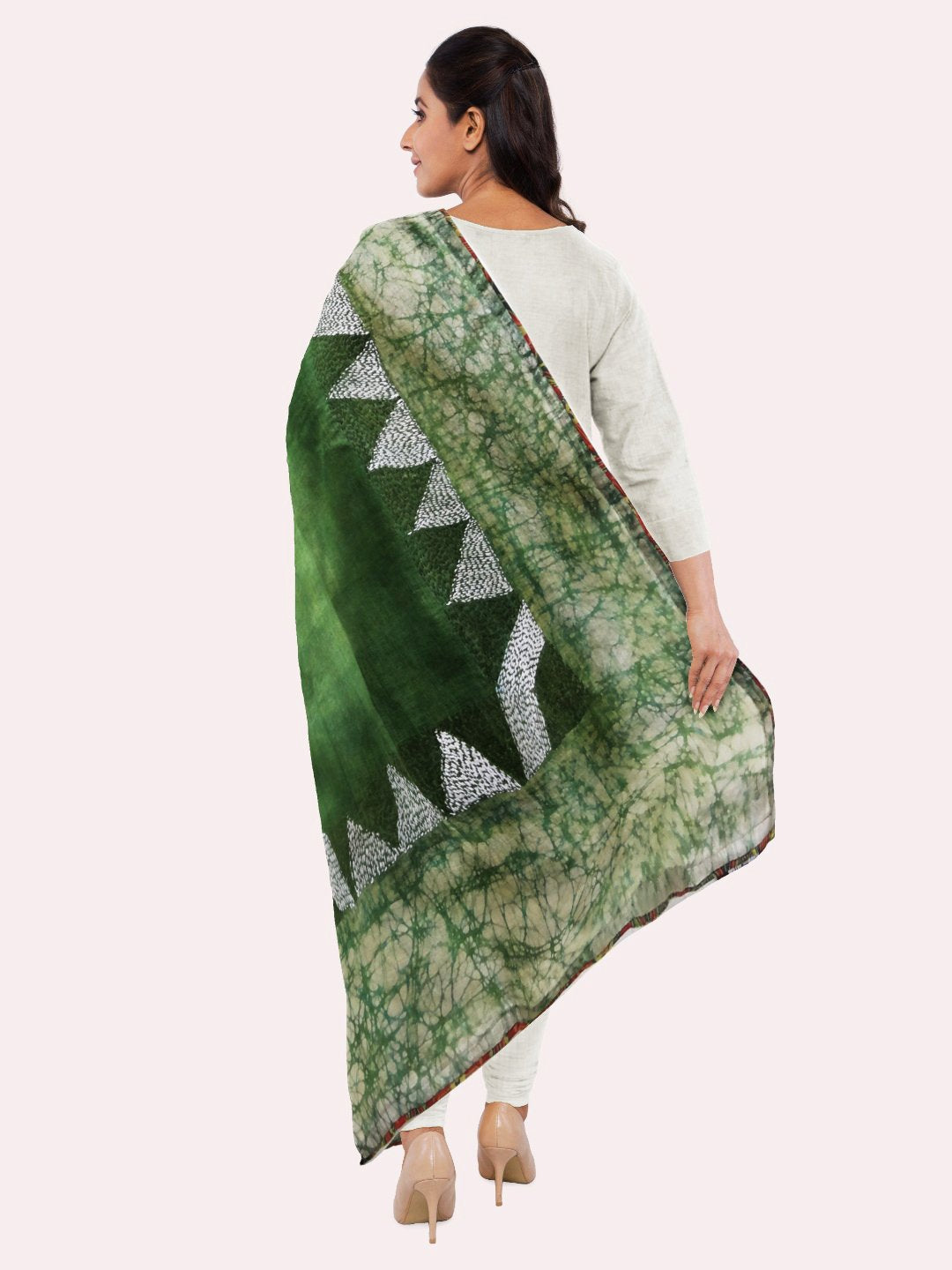 Kantha Embroidered Green Tie-Dye with Batik Printed Tussar Silk Stole