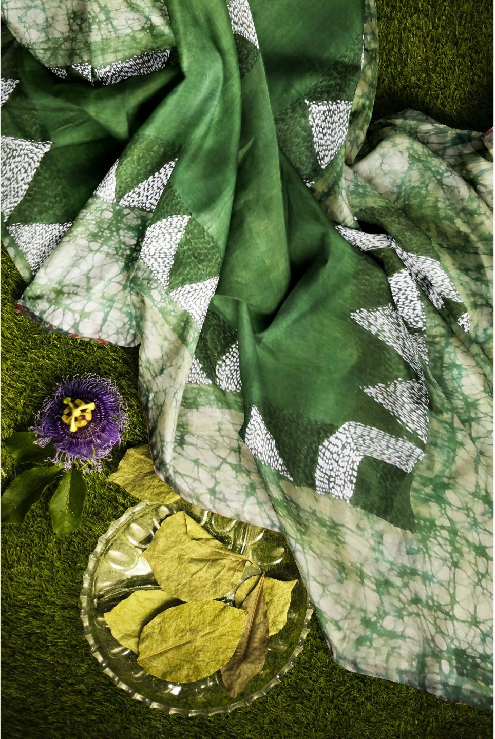 Nakshi Kantha Embroidered Green Tie-Dye with Batik Printed Tussar Silk Stole