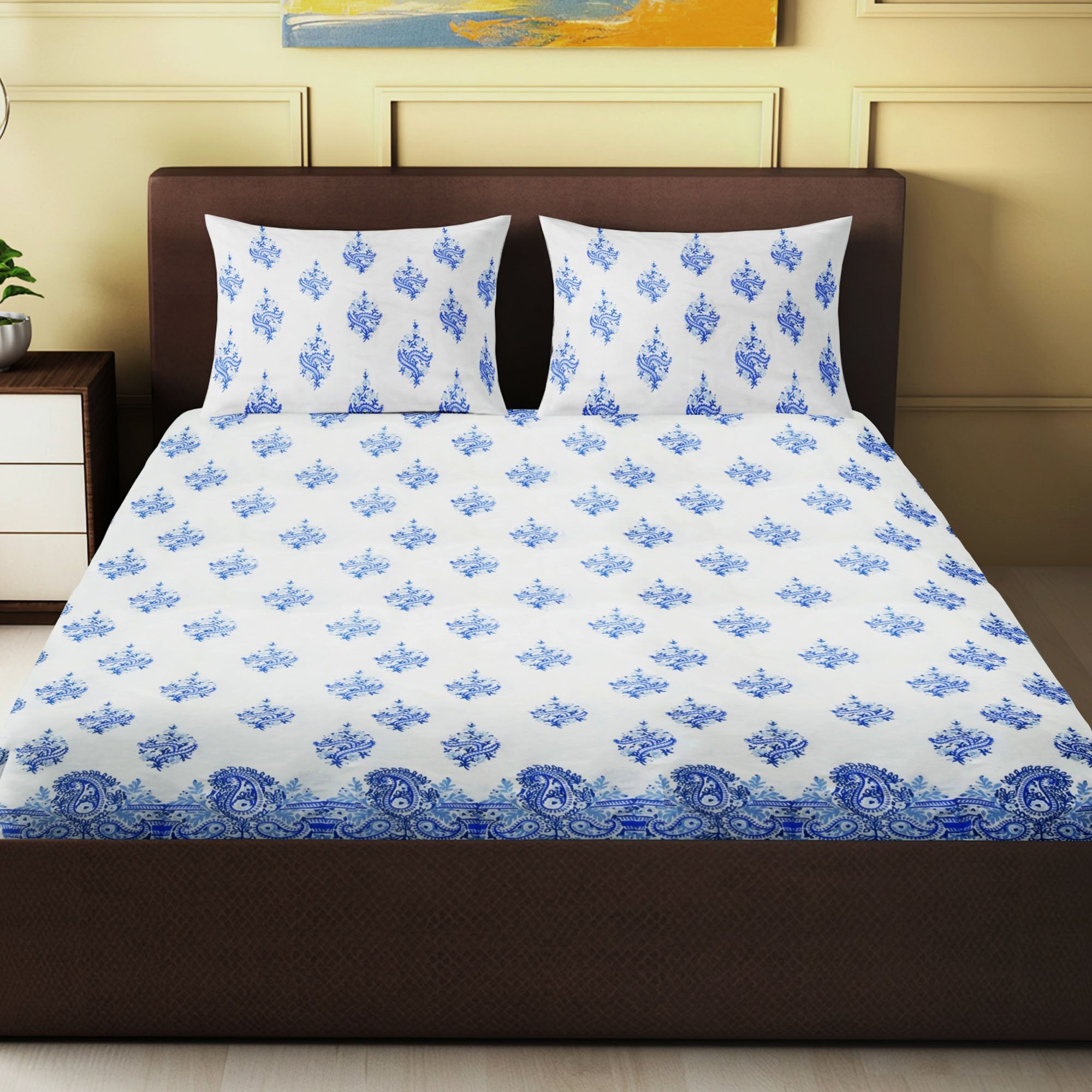 100% Handmade  Paisley pattern sanganeri Block Print King Size Bedsheets comes  with 2 Pillow covers
