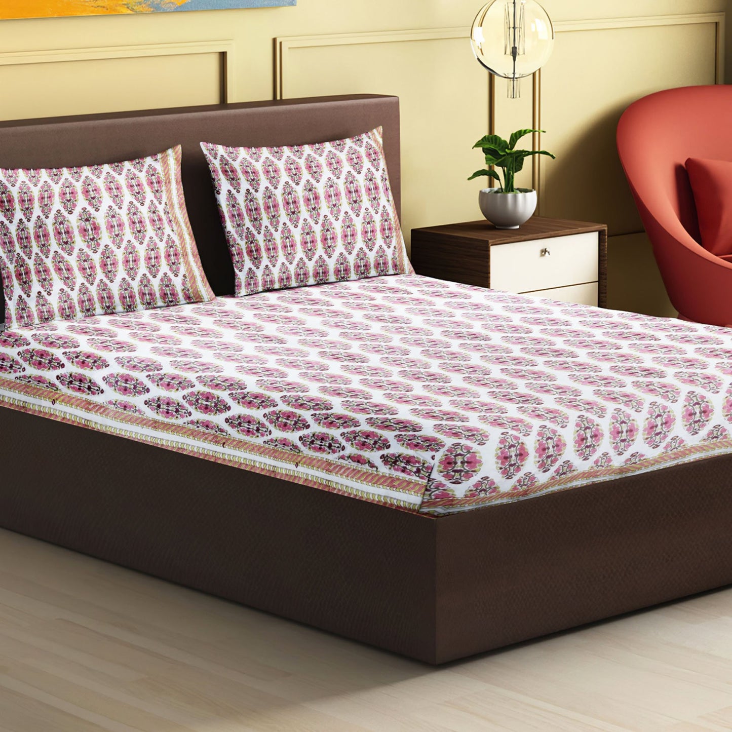 Nakshi 100% Handmade  Ethnic pattern sanganeri Block Print King Size Bedsheets comes  with 2 Pillow covers