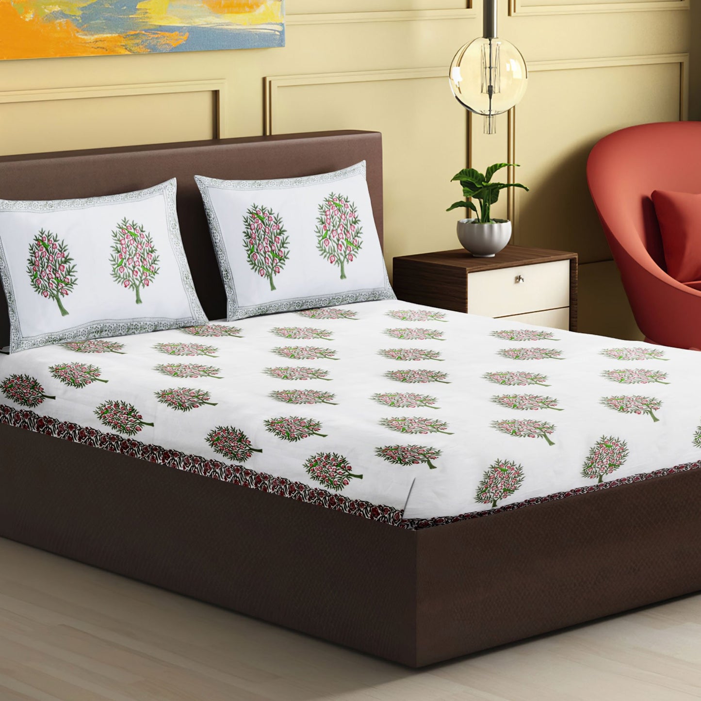 Nakshi 100% Handmade  Floral sanganeri Block Print King Size Bedsheets comes  with 2 Pillow covers.
