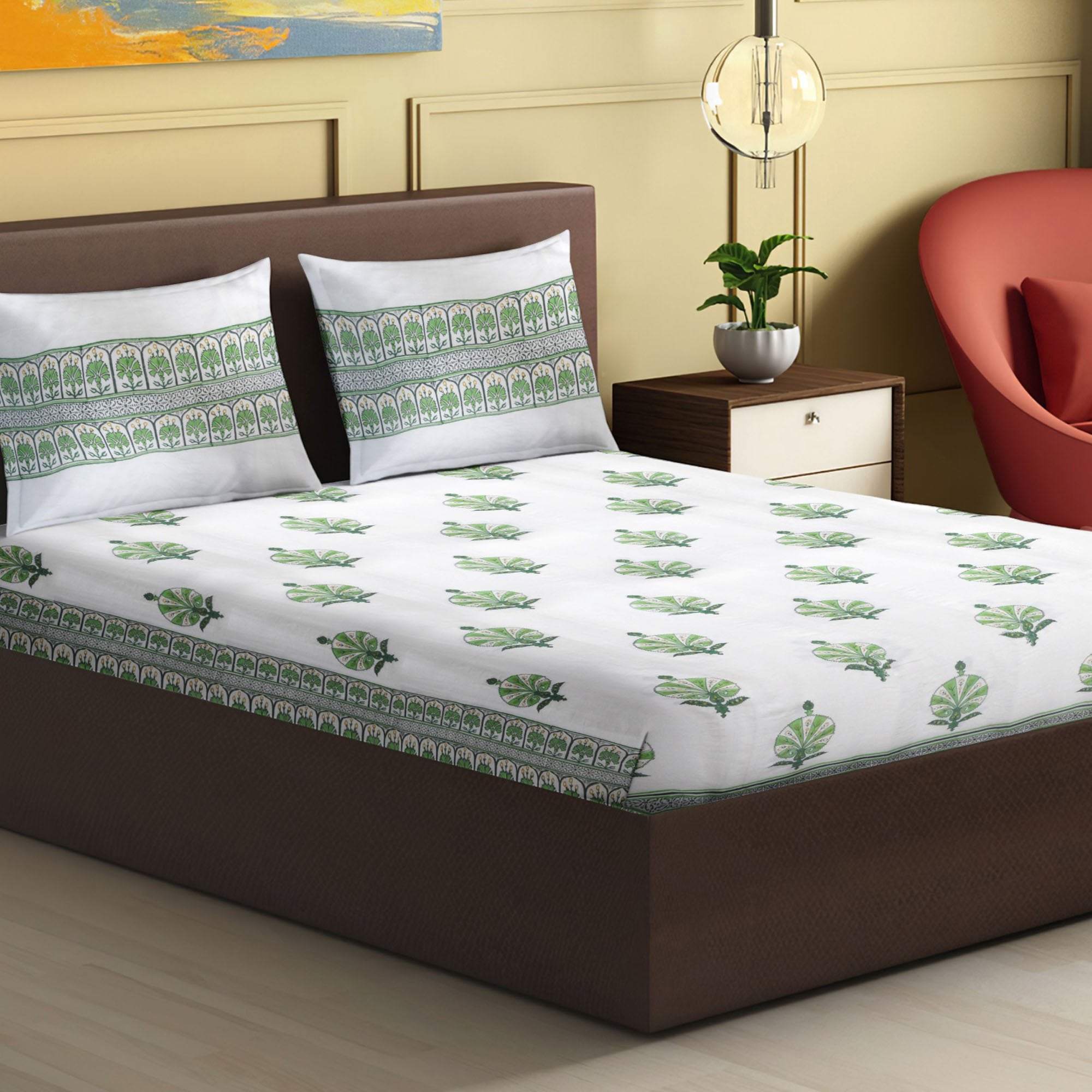 100% Handmade  Ethnic pattern sanganeri Block Print King Size Bedsheets comes  with 2 Pillow covers.