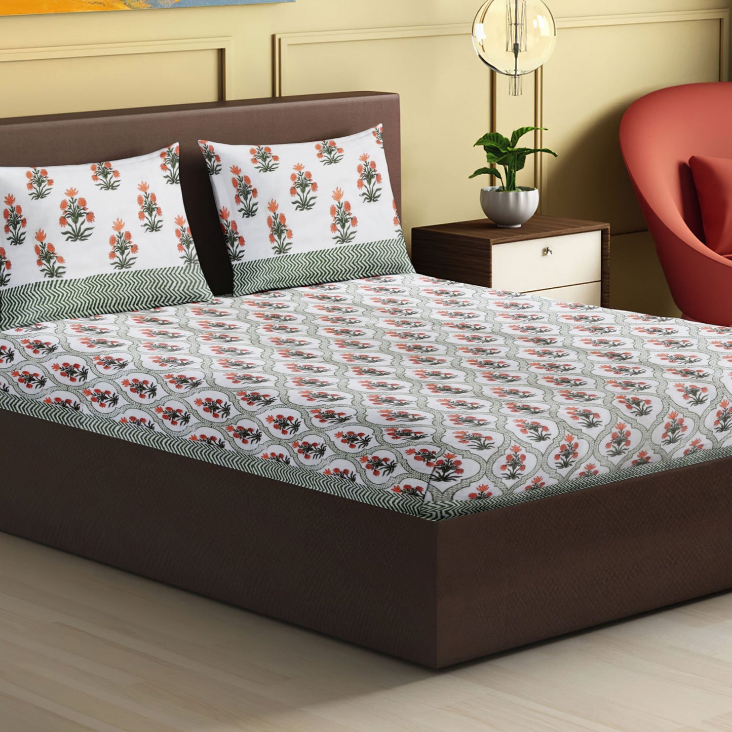 Nakshi 100% Handmade  Ethnic pattern sanganeri Block Print King Size Bedsheets comes  with 2 Pillow covers