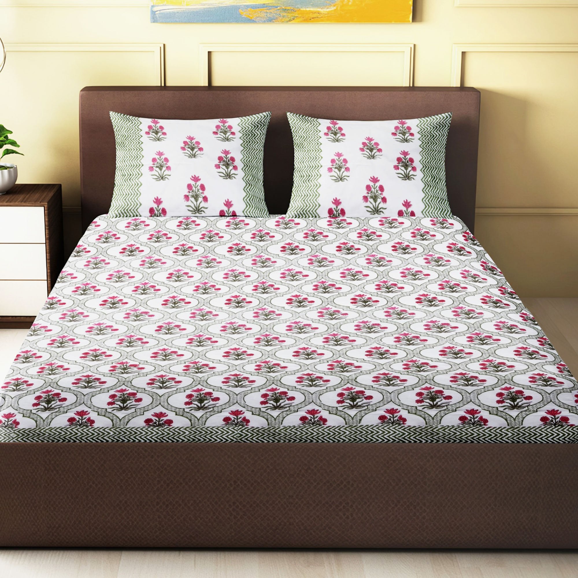 100% Handmade  Ethnic pattern sanganeri Block Print King Size Bedsheets comes  with 2 Pillow covers