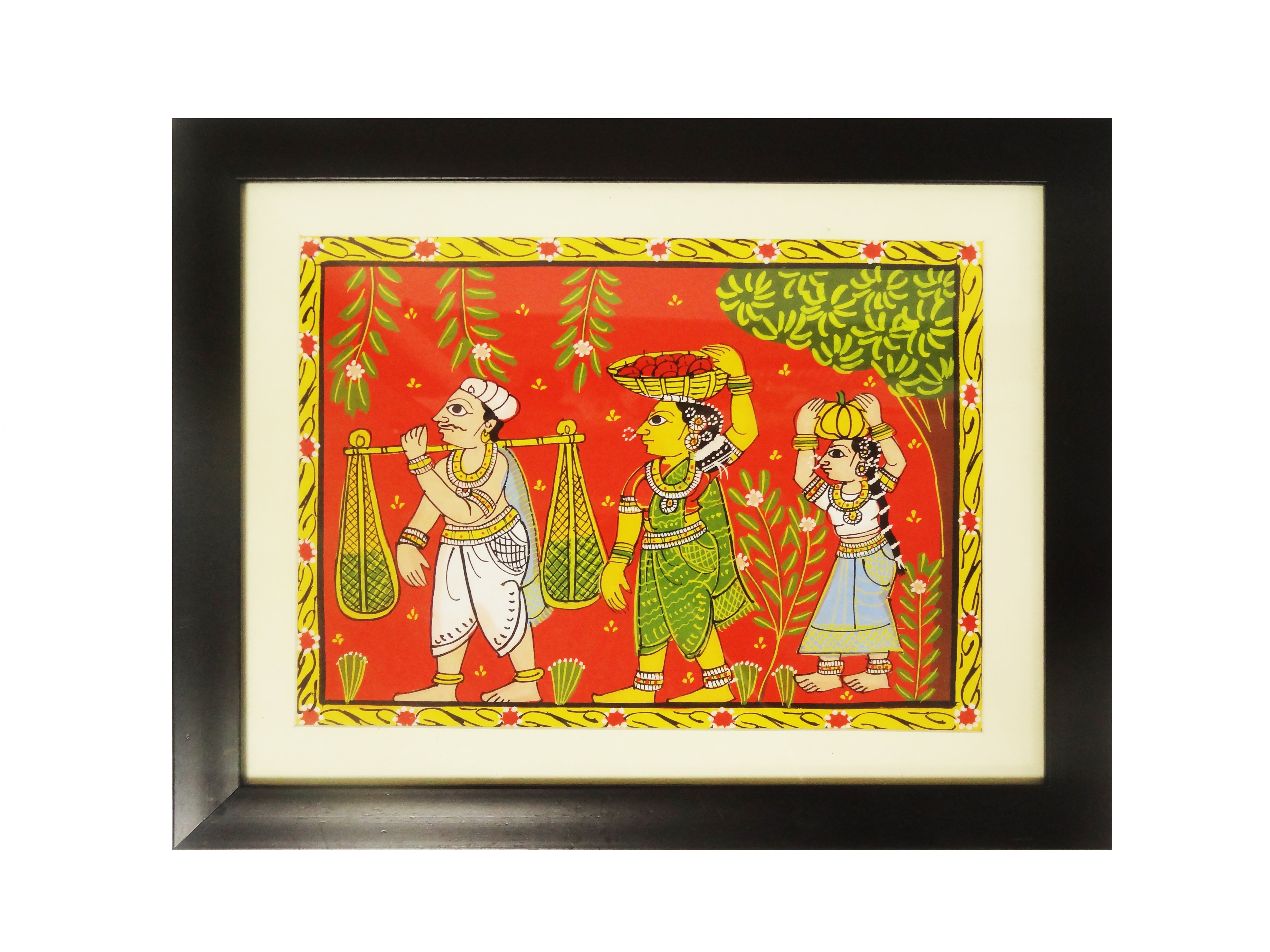Cheriyal Hand Painting Wall Hanging Villagers off to Work with Fiber Frame 15"x12"
