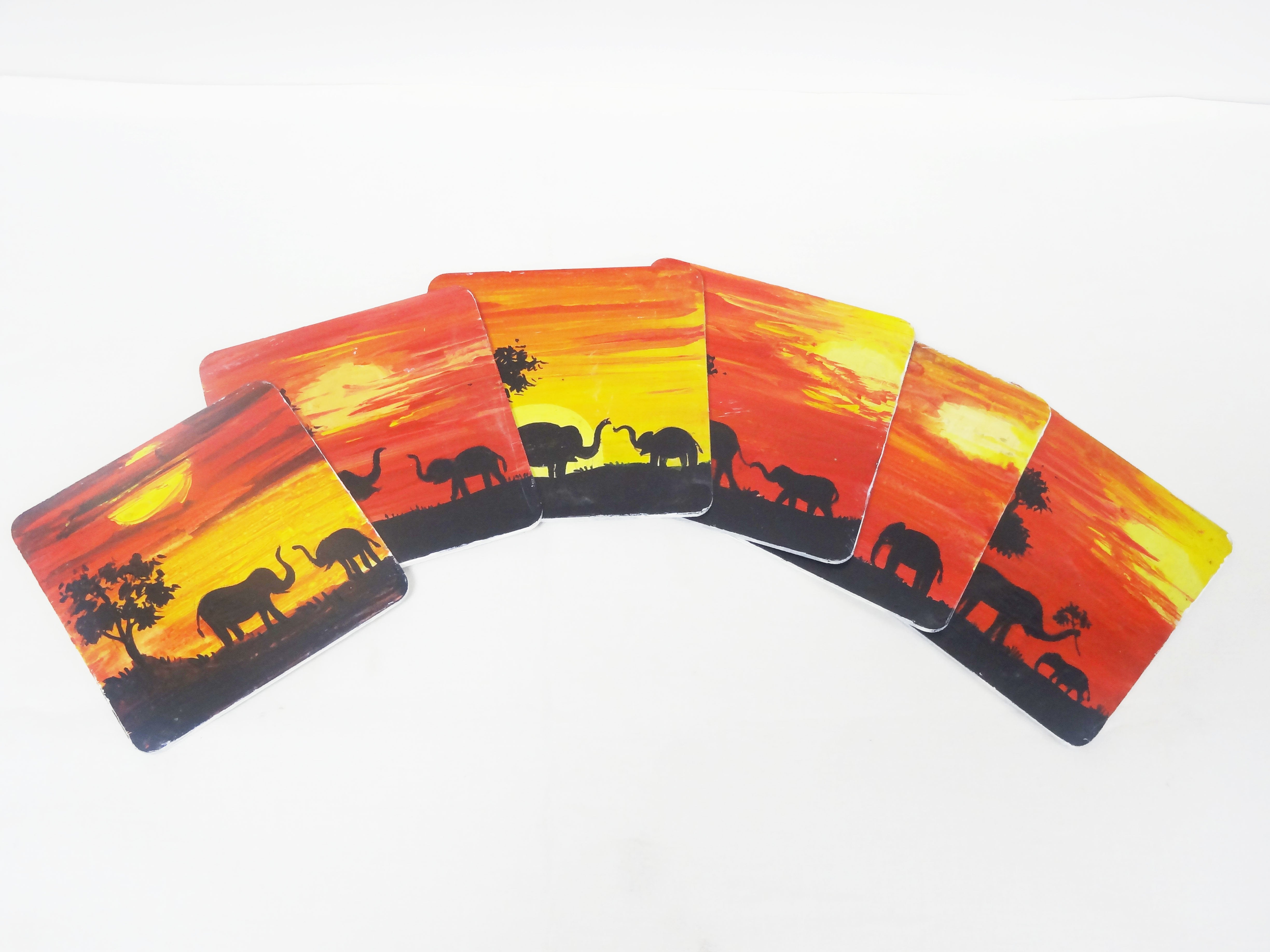 Nakshi Wooden Hand-Painted 'Life under Forest Dawn' Coaster Set (Pack of 6) 4"x4"