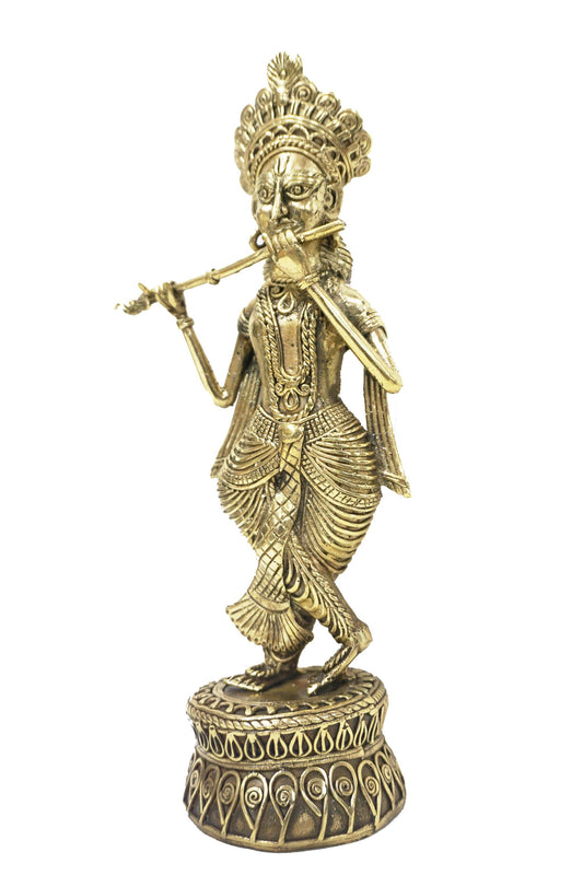 Nakshi Dokra Showpiece - Lord Krishna Playing Flute 9.25"x4"
