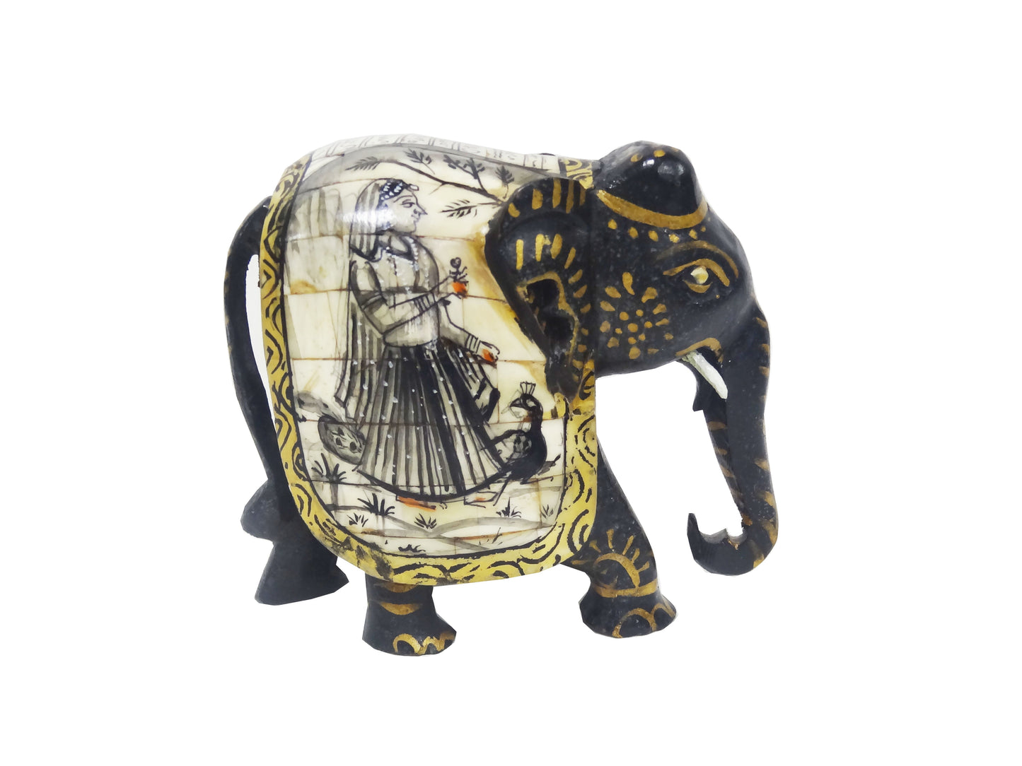 Nakshi Camel Bone Handicraft Elephant Showpiece Handpainted with Miniature Art 6"x5"
