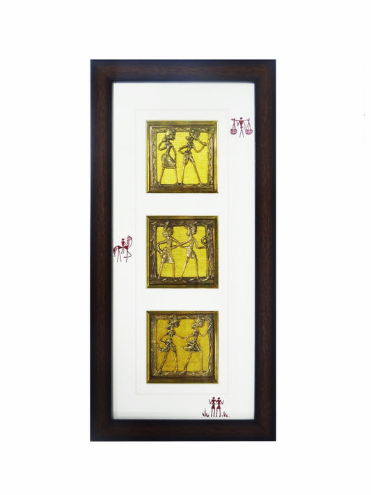 Nakshi Dokra Handicraft Tribal Art Wall Hanging Happiness in Togetherness with Fiber Frame 9.5"x19.5"
