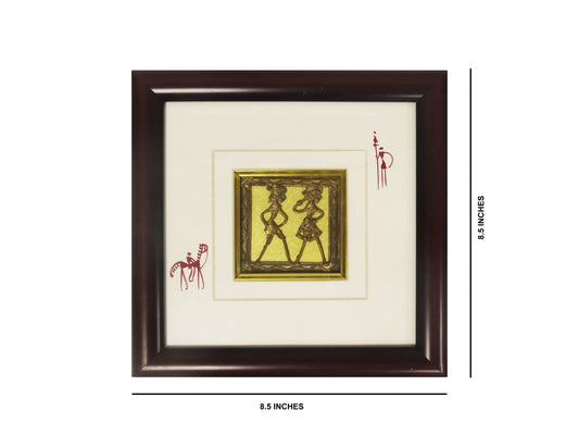 Nakshi Dokra Handicraft Tribal Art Wall Hanging Happiness in Togetherness with Fiber Frame 8.5"x8.5"