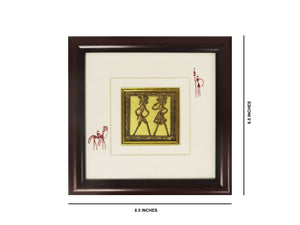 Dokra Handicraft Tribal Art Wall Hanging Happiness in Togetherness with Fiber Frame 8.5"x8.5"