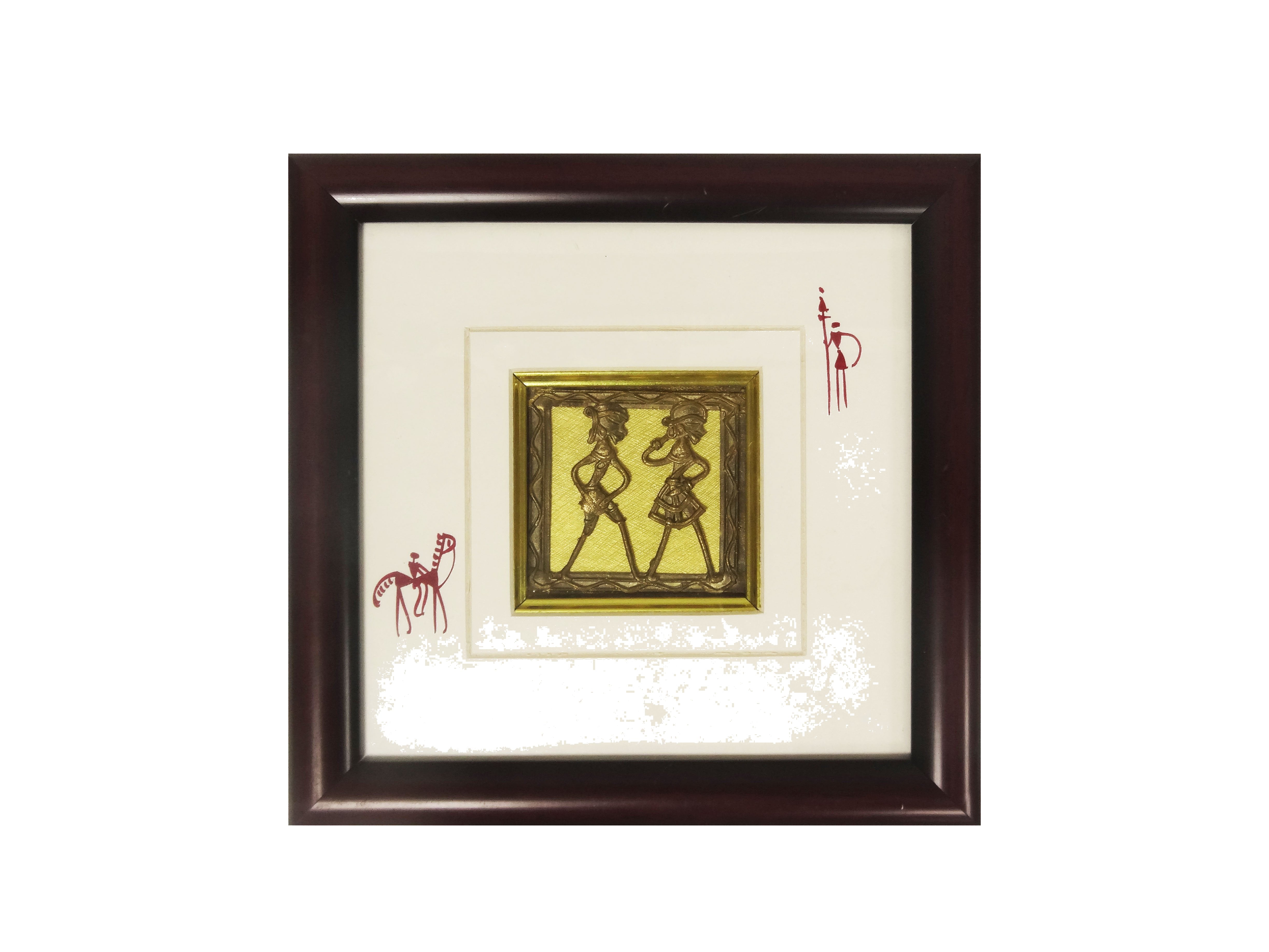 Dokra Handicraft Tribal Art Wall Hanging Happiness in Togetherness with Fiber Frame 8.5"x8.5"