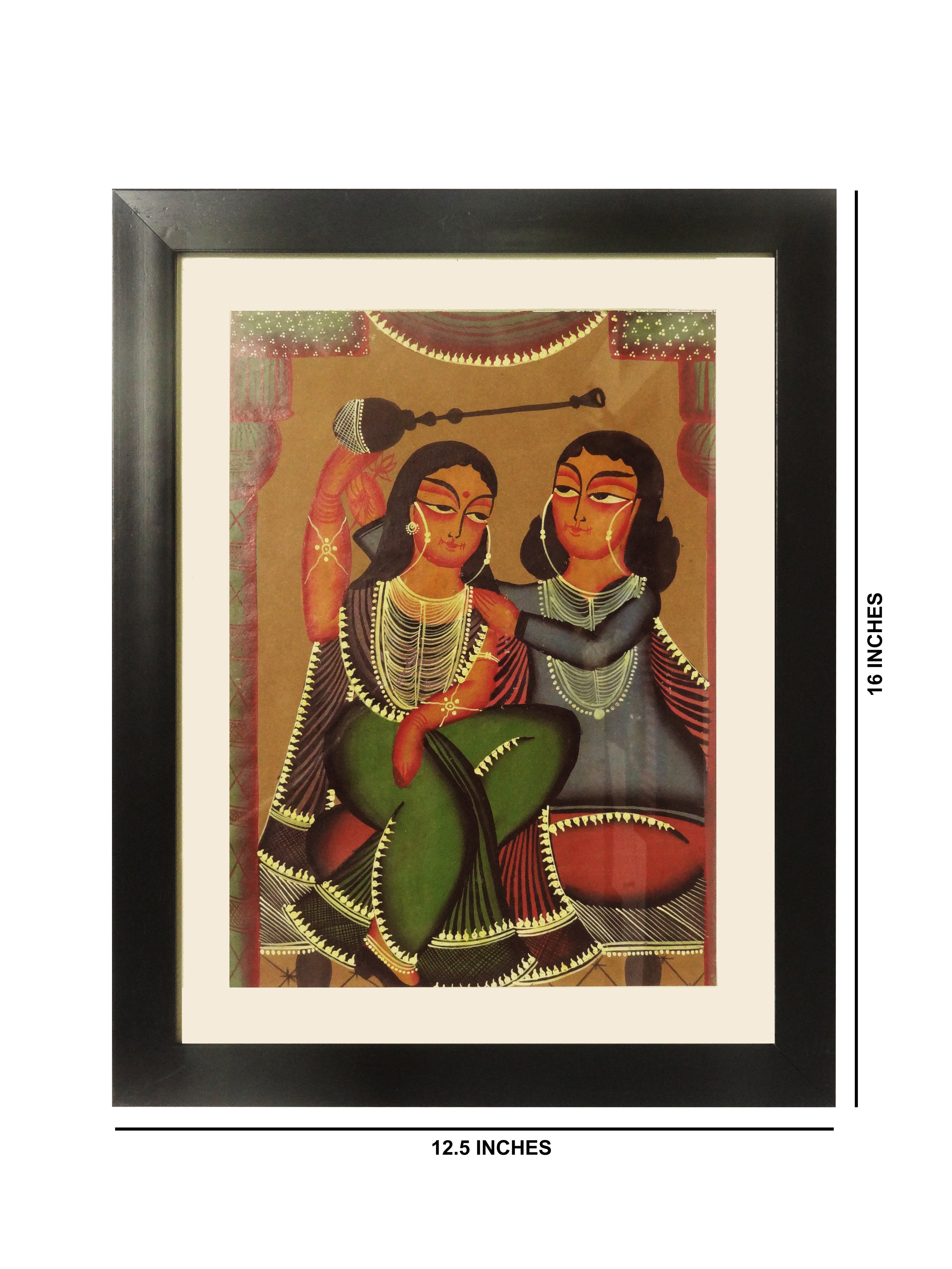 Kalighat Patachitra Hand Painting Wall Hanging Babu and Bibi with Fiber Frame 12.5"x16"