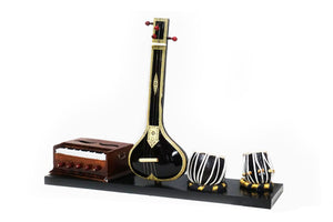 Nakshi Wooden Harmonium, Tanpura and Dugi Tabla Set Handcrafted   Miniature Musical Instrument Set Showpiece 11"x8.5"