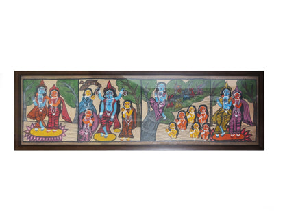 Nakshi Kalighat Patachitra Hand Painting Wall Hanging Radha Krishnaleela with Fiber Frame 49"x16"