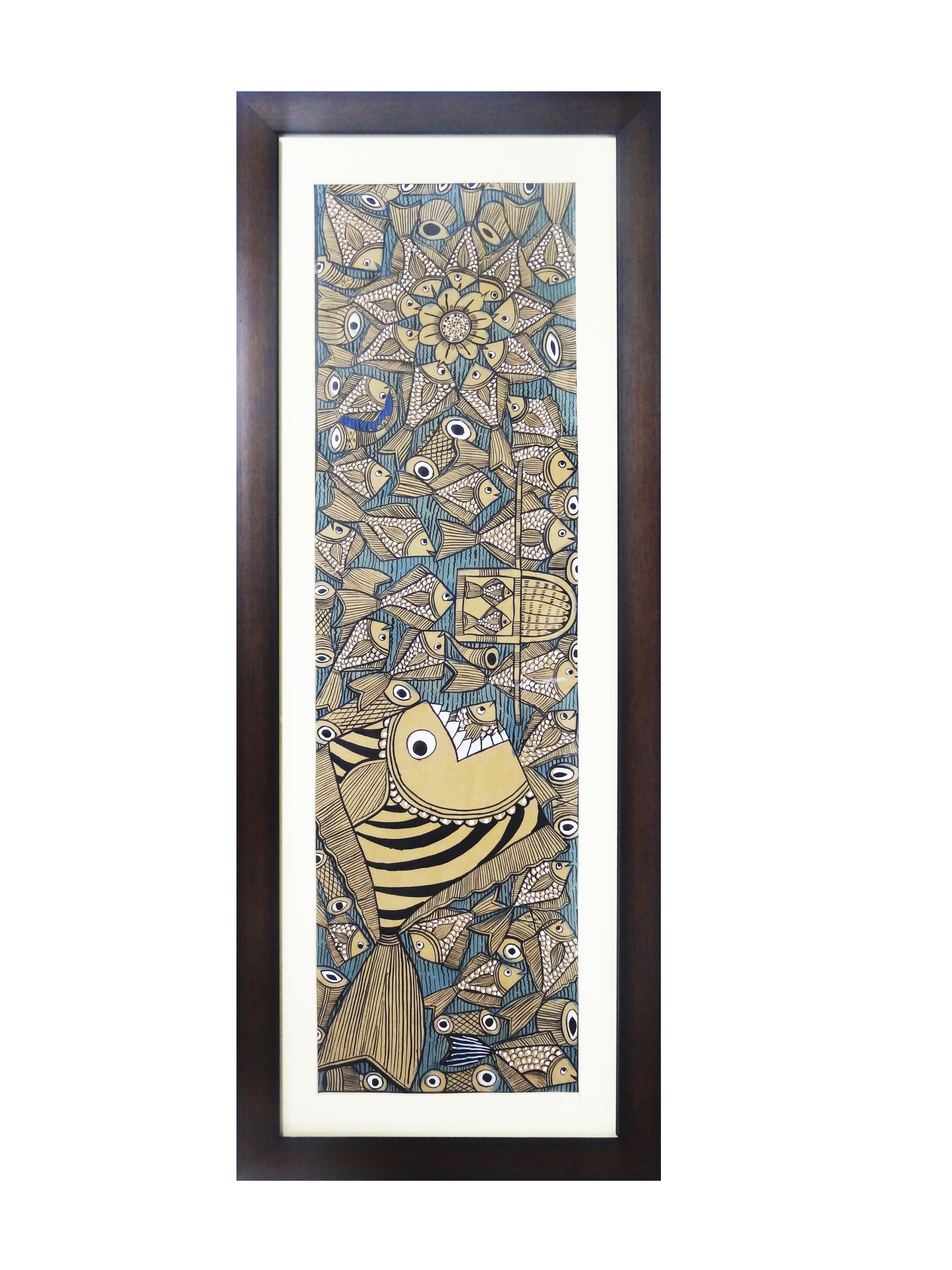 Bengal Patachitra Hand Painting Wall Hanging Macher Biye - Fish Marriage with Fiber Frame 10"x25"