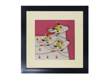 Nakshi Pichwai Hand Painting Wall Hanging Cow-N-Calf with Fiber Frame 13.5"x13.5"