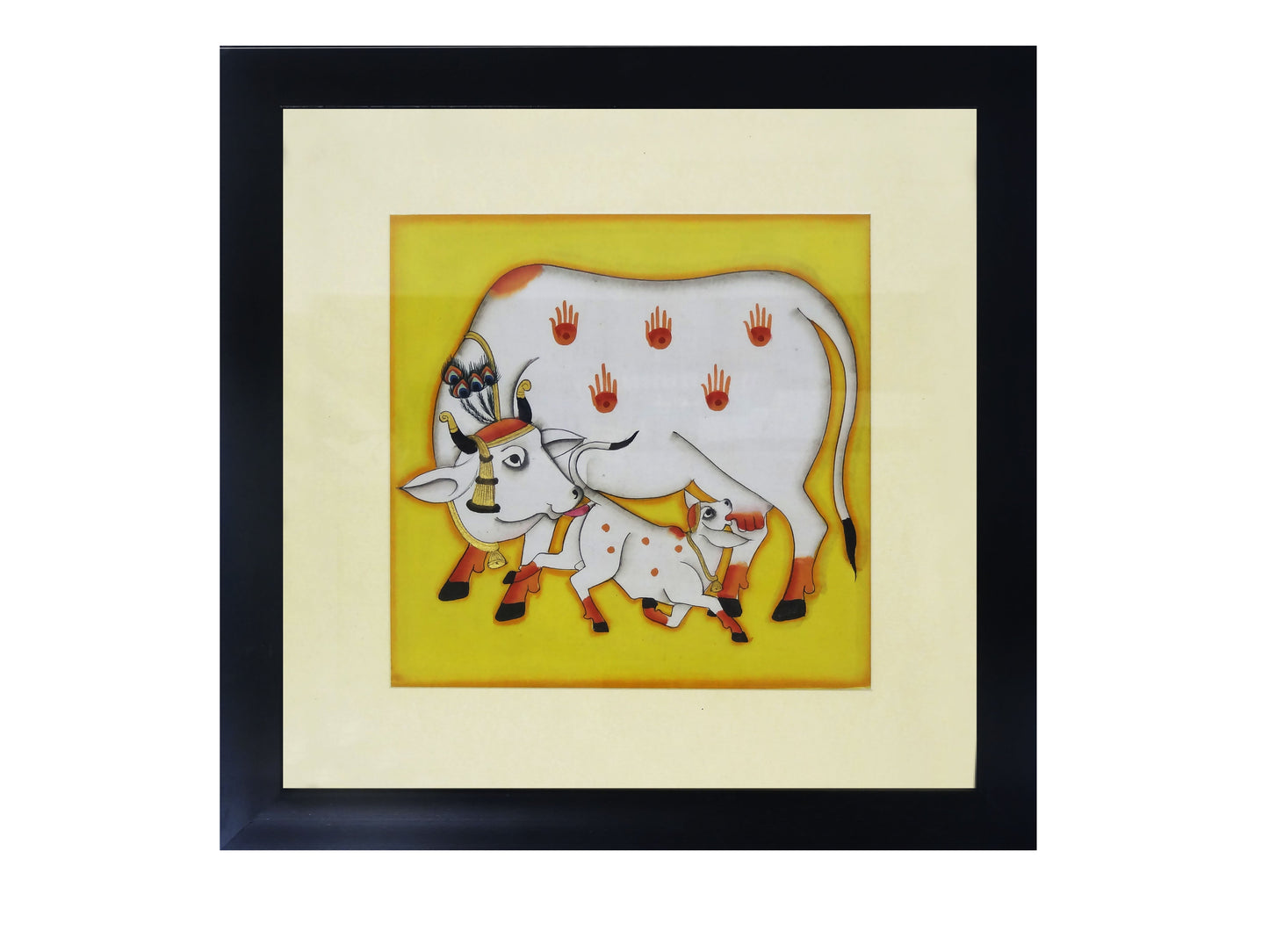 Nakshi Pichwai Hand Painting Wall Hanging Cow-N-Calf with Fiber Frame 13.5"x13.5"
